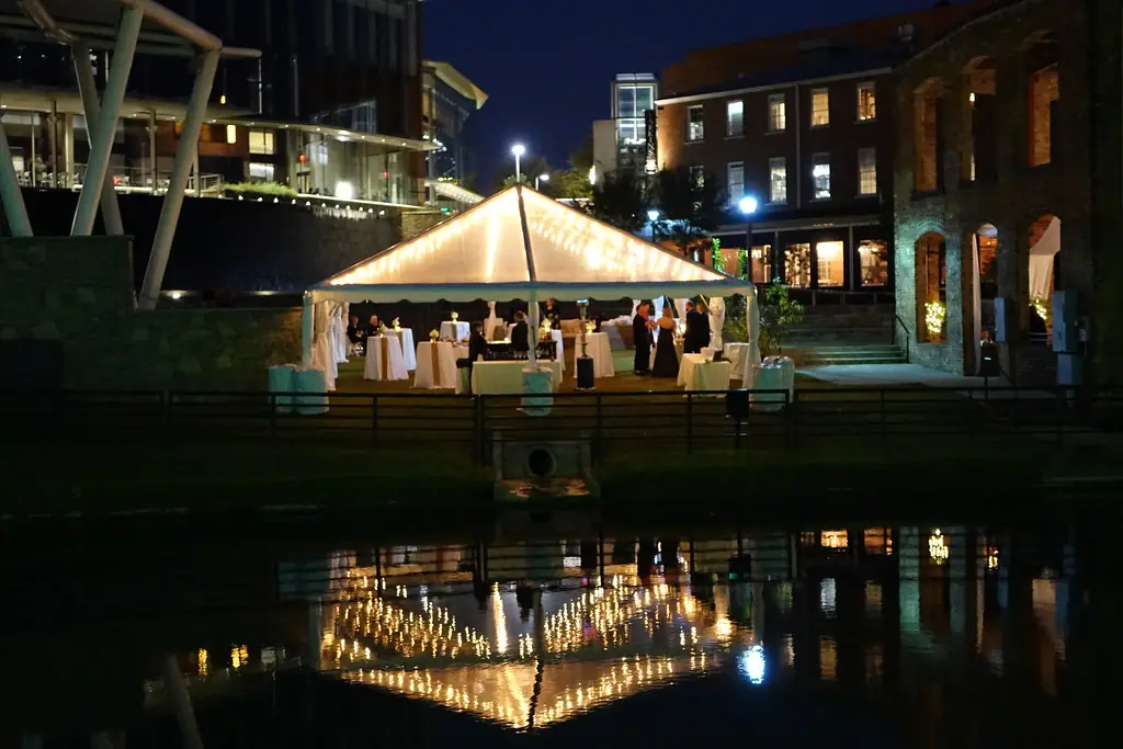 Event tent lit up at night